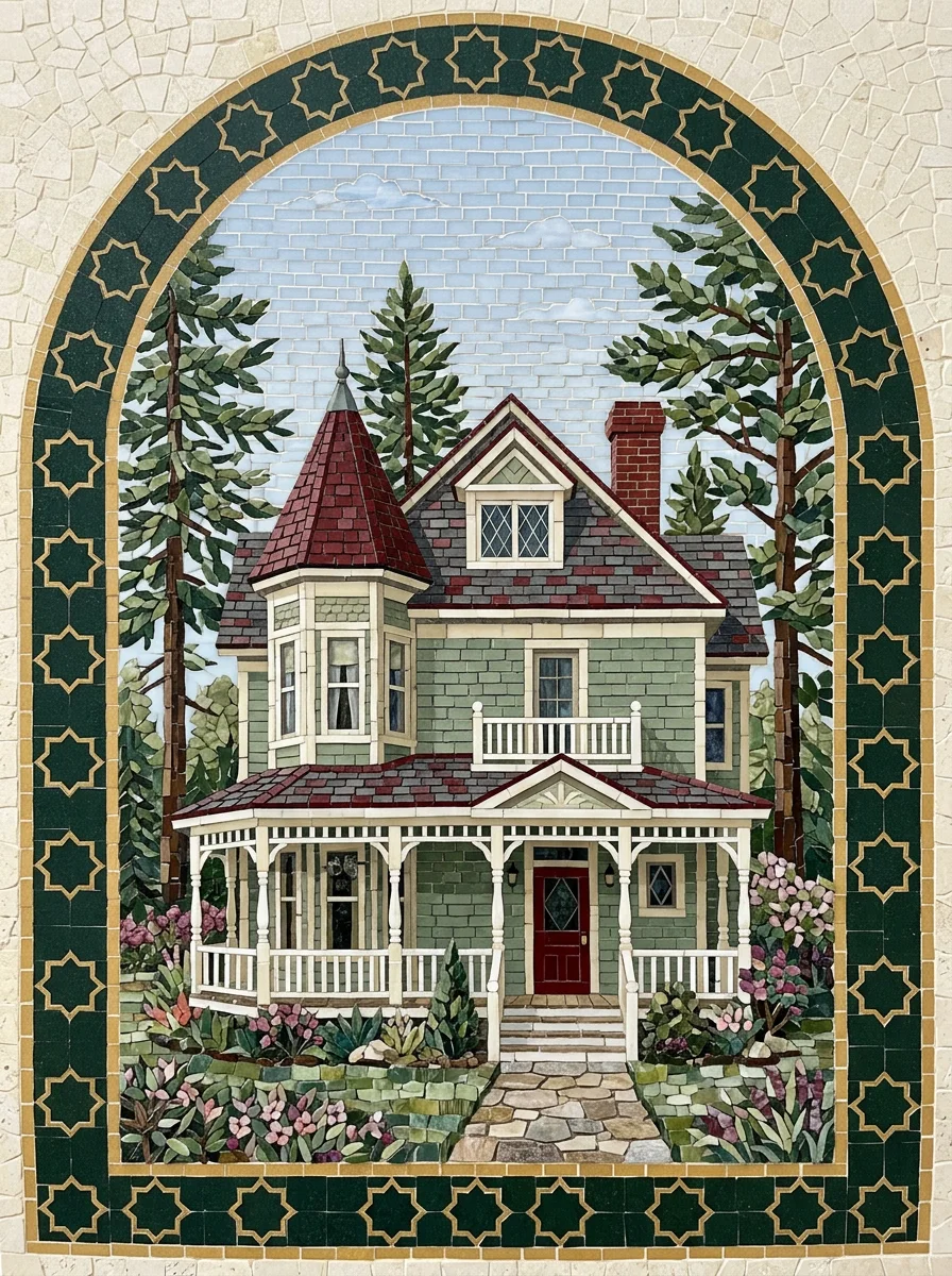 Mosaic artwork of The Ark, a sage green Victorian house with a wraparound porch and turret, framed by a green and gold geometric border.