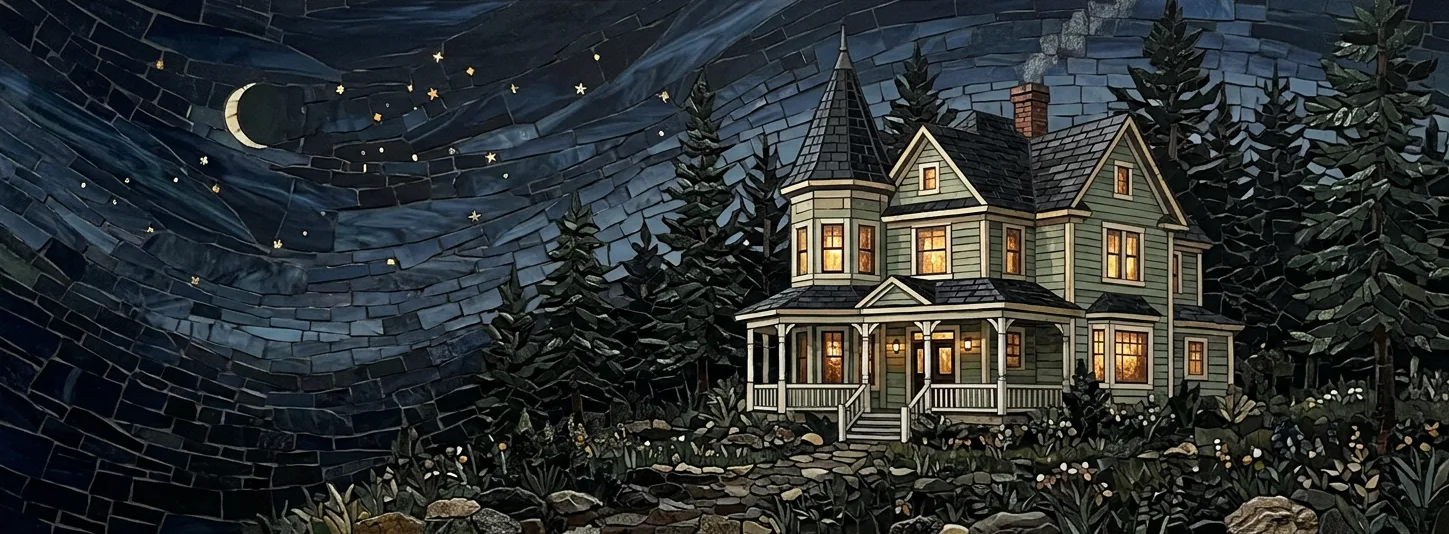 Mosaic artwork of The Ark at night, its windows glowing under a starry sky among pine trees.